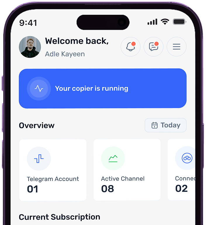 trade2sync mobile dashboard showing active copier status